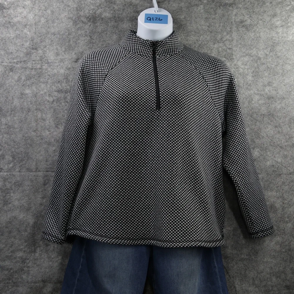 T By Talbots Sweater Womens XL Black White Geometric 1/2 Zip Mock Neck Pullover